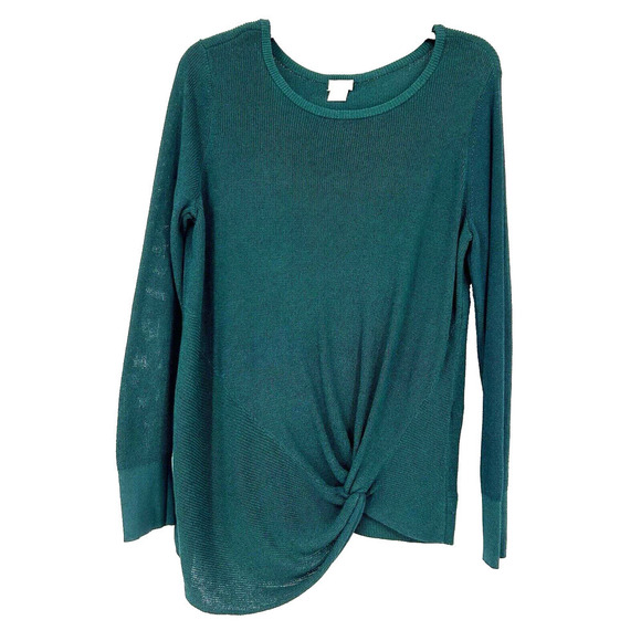 Chicos 1 Size M Side Twist Sweater Forest Green Ribbed Knit Long Sleeve - Picture 1 of 10